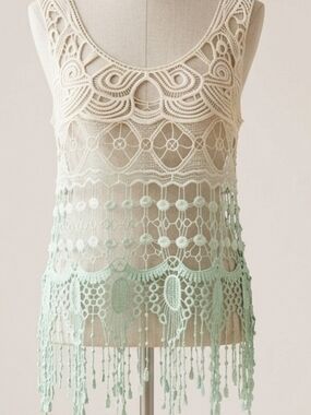 Vivid Collection Mint Ivory Ombre Crochet Fringe Boho Womens Cover-Up-LG NWT